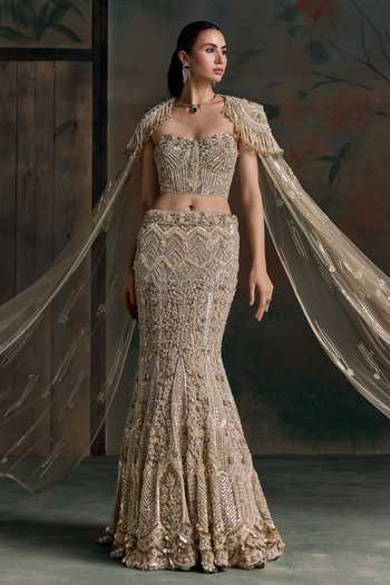 Buy Opus Atelier Multi Color Net, Lycra Sweetheart Neck Embellished Cape Lehenga Set Online at Aza Fashions Buy_Opus Atelier_Multi Color Net, Lycra Sweetheart Neck Embellished Cape Lehenga Set _Online_at_Aza_Fashions