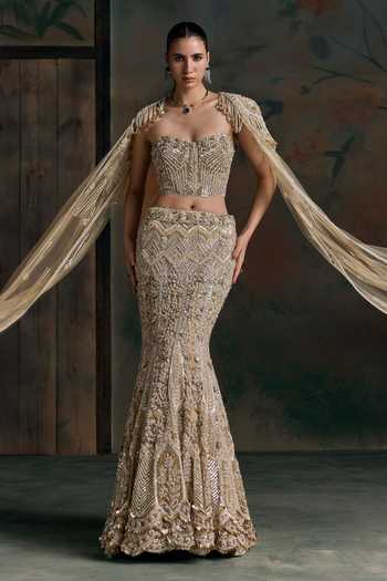 Shop Opus Atelier Multi Color Net, Lycra Sweetheart Neck Embellished Cape Lehenga Set Online at Aza Fashions Shop_Opus Atelier_Multi Color Net, Lycra Sweetheart Neck Embellished Cape Lehenga Set _Online_at_Aza_Fashions