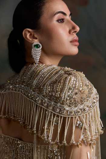 Opus Atelier Multi Color Net, Lycra Sweetheart Neck Embellished Cape Lehenga Set at Aza Fashions Opus Atelier_Multi Color Net, Lycra Sweetheart Neck Embellished Cape Lehenga Set _at_Aza_Fashions