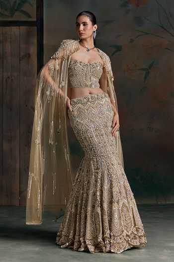 Buy Opus Atelier Multi Color Net, Lycra Sweetheart Neck Embellished Cape Lehenga Set Buy_Opus Atelier_Multi Color Net, Lycra Sweetheart Neck Embellished Cape Lehenga Set