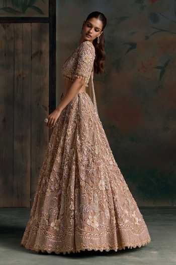 Opus Atelier Peach Silk, Net V-neck Sequin Work Lehenga Set Online at Aza Fashions Opus Atelier_Peach Silk, Net V-neck Sequin Work Lehenga Set _Online_at_Aza_Fashions