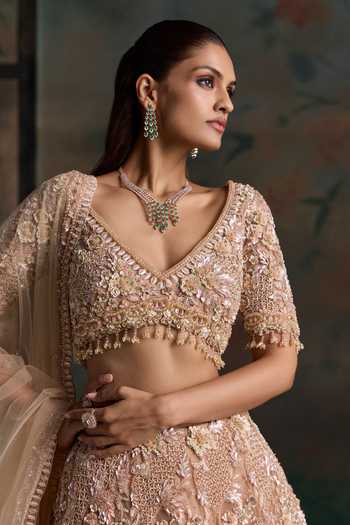 Buy Opus Atelier Peach Silk, Net V-neck Sequin Work Lehenga Set Online at Aza Fashions Buy_Opus Atelier_Peach Silk, Net V-neck Sequin Work Lehenga Set _Online_at_Aza_Fashions