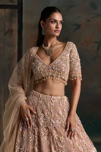 Shop Opus Atelier Peach Silk, Net V-neck Sequin Work Lehenga Set Online at Aza Fashions Shop_Opus Atelier_Peach Silk, Net V-neck Sequin Work Lehenga Set _Online_at_Aza_Fashions