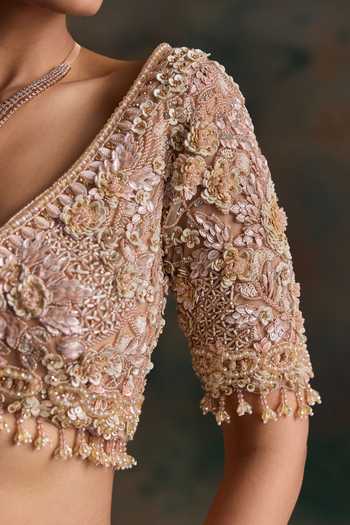 Buy Opus Atelier Peach Silk, Net V-neck Sequin Work Lehenga Set Buy_Opus Atelier_Peach Silk, Net V-neck Sequin Work Lehenga Set