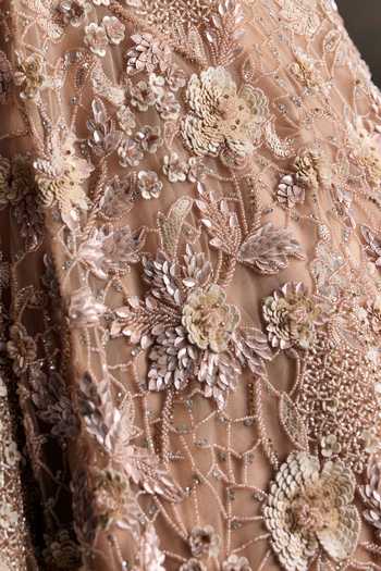 Shop Opus Atelier Peach Silk, Net V-neck Sequin Work Lehenga Set Shop_Opus Atelier_Peach Silk, Net V-neck Sequin Work Lehenga Set