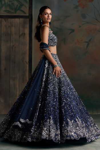 Opus Atelier Blue Net, Silk Scoop Neck Ombre Embroidered Lehenga Set at Aza Fashions Opus Atelier_Blue Net, Silk Scoop Neck Ombre Embroidered Lehenga Set _at_Aza_Fashions