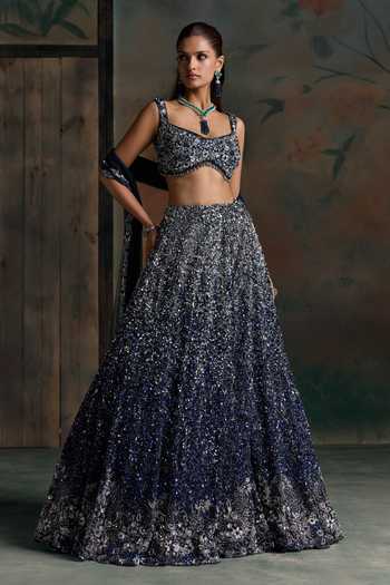 Buy Opus Atelier Blue Net, Silk Scoop Neck Ombre Embroidered Lehenga Set Buy_Opus Atelier_Blue Net, Silk Scoop Neck Ombre Embroidered Lehenga Set