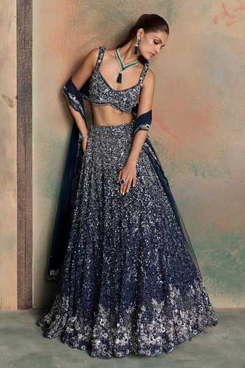 Shop Opus Atelier Blue Net, Silk Scoop Neck Ombre Embroidered Lehenga Set Shop_Opus Atelier_Blue Net, Silk Scoop Neck Ombre Embroidered Lehenga Set