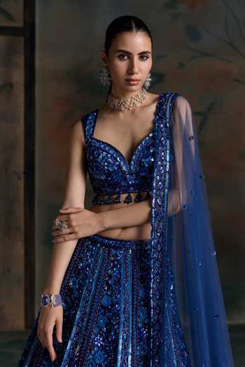Opus Atelier Blue Net, Silk Sweetheart Neck Embroidered Lehenga Set Online at Aza Fashions Opus Atelier_Blue Net, Silk Sweetheart Neck Embroidered Lehenga Set _Online_at_Aza_Fashions