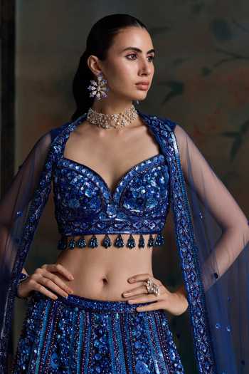 Buy Opus Atelier Blue Net, Silk Sweetheart Neck Embroidered Lehenga Set Online at Aza Fashions Buy_Opus Atelier_Blue Net, Silk Sweetheart Neck Embroidered Lehenga Set _Online_at_Aza_Fashions