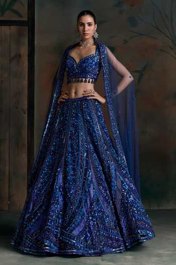 Shop Opus Atelier Blue Net, Silk Sweetheart Neck Embroidered Lehenga Set Online at Aza Fashions Shop_Opus Atelier_Blue Net, Silk Sweetheart Neck Embroidered Lehenga Set _Online_at_Aza_Fashions