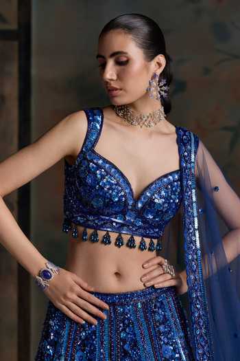 Buy Opus Atelier Blue Net, Silk Sweetheart Neck Embroidered Lehenga Set Buy_Opus Atelier_Blue Net, Silk Sweetheart Neck Embroidered Lehenga Set