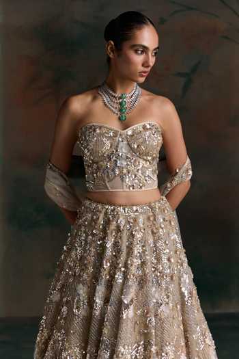 Opus Atelier Gold Silk, Net Sequins, Stones Sweetheart Neck Embroidered Lehenga Set Online at Aza Fashions Opus Atelier_Gold Silk, Net Sequins, Stones Sweetheart Neck Embroidered Lehenga Set _Online_at_Aza_Fashions
