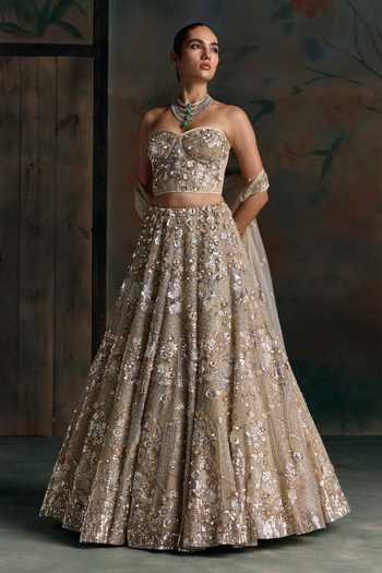 Buy Opus Atelier Gold Silk, Net Sequins, Stones Sweetheart Neck Embroidered Lehenga Set Online at Aza Fashions Buy_Opus Atelier_Gold Silk, Net Sequins, Stones Sweetheart Neck Embroidered Lehenga Set _Online_at_Aza_Fashions