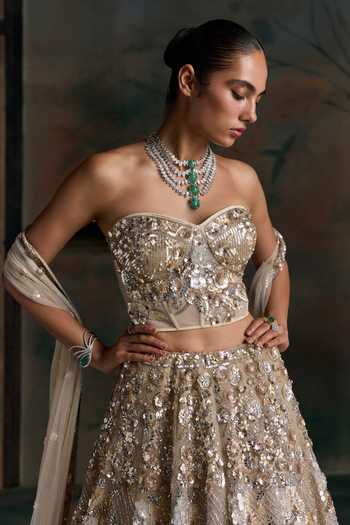 Shop Opus Atelier Gold Silk, Net Sequins, Stones Sweetheart Neck Embroidered Lehenga Set Online at Aza Fashions Shop_Opus Atelier_Gold Silk, Net Sequins, Stones Sweetheart Neck Embroidered Lehenga Set _Online_at_Aza_Fashions
