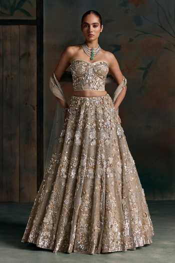 Opus Atelier Gold Silk, Net Sequins, Stones Sweetheart Neck Embroidered Lehenga Set at Aza Fashions Opus Atelier_Gold Silk, Net Sequins, Stones Sweetheart Neck Embroidered Lehenga Set _at_Aza_Fashions