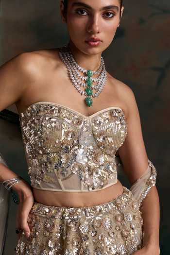 Buy Opus Atelier Gold Silk, Net Sequins, Stones Sweetheart Neck Embroidered Lehenga Set Buy_Opus Atelier_Gold Silk, Net Sequins, Stones Sweetheart Neck Embroidered Lehenga Set