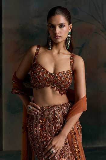 Buy Opus Atelier Orange Net, Lycra Sweetheart Neck Crystal Embellished Lehenga Set Online at Aza Fashions Buy_Opus Atelier_Orange Net, Lycra Sweetheart Neck Crystal Embellished Lehenga Set _Online_at_Aza_Fashions