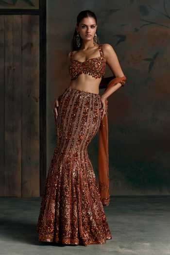 Shop Opus Atelier Orange Net, Lycra Sweetheart Neck Crystal Embellished Lehenga Set Online at Aza Fashions Shop_Opus Atelier_Orange Net, Lycra Sweetheart Neck Crystal Embellished Lehenga Set _Online_at_Aza_Fashions