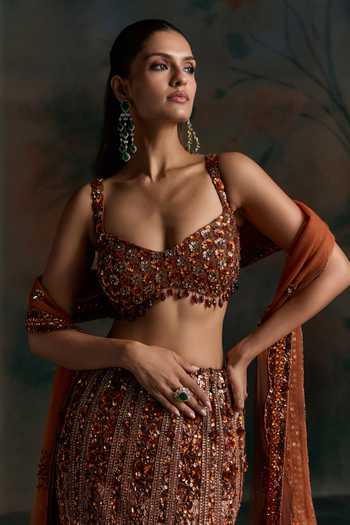Buy Opus Atelier Orange Net, Lycra Sweetheart Neck Crystal Embellished Lehenga Set Buy_Opus Atelier_Orange Net, Lycra Sweetheart Neck Crystal Embellished Lehenga Set