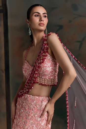 Opus Atelier Pink Net, Lycra Sweetheart Neck, Halter Ombre Embroidered Fishcut Lehenga Set Online at Aza Fashions Opus Atelier_Pink Net, Lycra Sweetheart Neck, Halter Ombre Embroidered Fishcut Lehenga Set _Online_at_Aza_Fashions