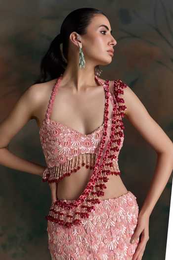 Shop Opus Atelier Pink Net, Lycra Sweetheart Neck, Halter Ombre Embroidered Fishcut Lehenga Set Online at Aza Fashions Shop_Opus Atelier_Pink Net, Lycra Sweetheart Neck, Halter Ombre Embroidered Fishcut Lehenga Set _Online_at_Aza_Fashions