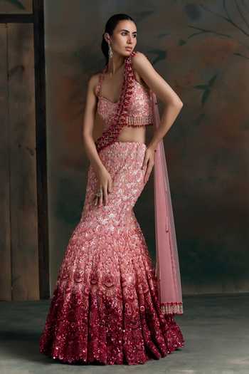 Opus Atelier Pink Net, Lycra Sweetheart Neck, Halter Ombre Embroidered Fishcut Lehenga Set at Aza Fashions Opus Atelier_Pink Net, Lycra Sweetheart Neck, Halter Ombre Embroidered Fishcut Lehenga Set _at_Aza_Fashions