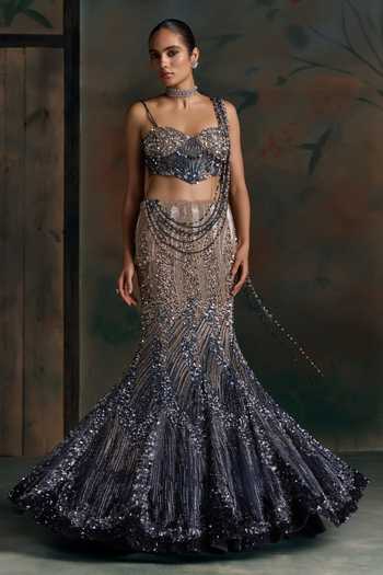 Shop Opus Atelier Blue Net, Lycra Sweetheart Neck Embroidered Lehenga Set Online at Aza Fashions Shop_Opus Atelier_Blue Net, Lycra Sweetheart Neck Embroidered Lehenga Set _Online_at_Aza_Fashions