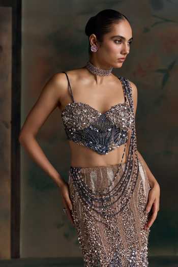 Opus Atelier Blue Net, Lycra Sweetheart Neck Embroidered Lehenga Set at Aza Fashions Opus Atelier_Blue Net, Lycra Sweetheart Neck Embroidered Lehenga Set _at_Aza_Fashions