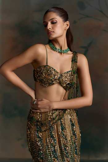 Shop Opus Atelier Emerald Green Net, Lycra Sweetheart Neck Ombre Embroidered Lehenga Set Online at Aza Fashions Shop_Opus Atelier_Emerald Green Net, Lycra Sweetheart Neck Ombre Embroidered Lehenga Set _Online_at_Aza_Fashions