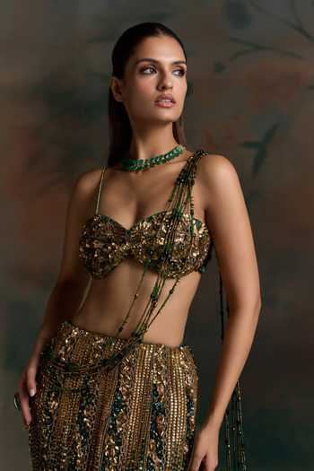 Opus Atelier Emerald Green Net, Lycra Sweetheart Neck Ombre Embroidered Lehenga Set at Aza Fashions Opus Atelier_Emerald Green Net, Lycra Sweetheart Neck Ombre Embroidered Lehenga Set _at_Aza_Fashions