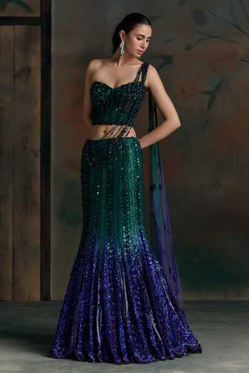 Opus Atelier Emerald Green Net, Lycra Sweetheart Neck, One Ombre Hand Embroidered Lehenga Set Online at Aza Fashions Opus Atelier_Emerald Green Net, Lycra Sweetheart Neck, One Ombre Hand Embroidered Lehenga Set _Online_at_Aza_Fashions