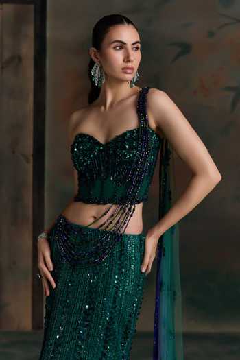 Buy Opus Atelier Emerald Green Net, Lycra Sweetheart Neck, One Ombre Hand Embroidered Lehenga Set Online at Aza Fashions Buy_Opus Atelier_Emerald Green Net, Lycra Sweetheart Neck, One Ombre Hand Embroidered Lehenga Set _Online_at_Aza_Fashions