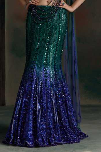 Shop Opus Atelier Emerald Green Net, Lycra Sweetheart Neck, One Ombre Hand Embroidered Lehenga Set Online at Aza Fashions Shop_Opus Atelier_Emerald Green Net, Lycra Sweetheart Neck, One Ombre Hand Embroidered Lehenga Set _Online_at_Aza_Fashions