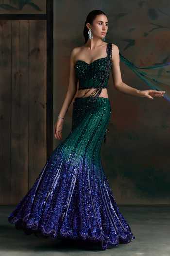 Opus Atelier Emerald Green Net, Lycra Sweetheart Neck, One Ombre Hand Embroidered Lehenga Set at Aza Fashions Opus Atelier_Emerald Green Net, Lycra Sweetheart Neck, One Ombre Hand Embroidered Lehenga Set _at_Aza_Fashions