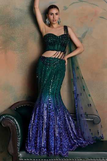 Buy Opus Atelier Emerald Green Net, Lycra Sweetheart Neck, One Ombre Hand Embroidered Lehenga Set Buy_Opus Atelier_Emerald Green Net, Lycra Sweetheart Neck, One Ombre Hand Embroidered Lehenga Set