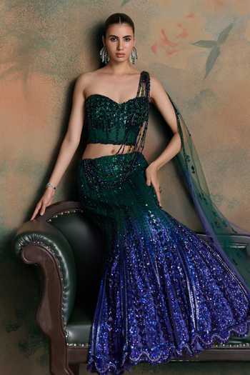 Shop Opus Atelier Emerald Green Net, Lycra Sweetheart Neck, One Ombre Hand Embroidered Lehenga Set Shop_Opus Atelier_Emerald Green Net, Lycra Sweetheart Neck, One Ombre Hand Embroidered Lehenga Set