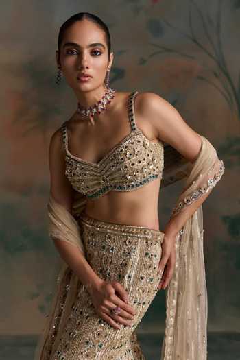 Buy Opus Atelier Gold Net, Lycra Sweetheart Neck Embroidered Lehenga Set Online at Aza Fashions Buy_Opus Atelier_Gold Net, Lycra Sweetheart Neck Embroidered Lehenga Set _Online_at_Aza_Fashions