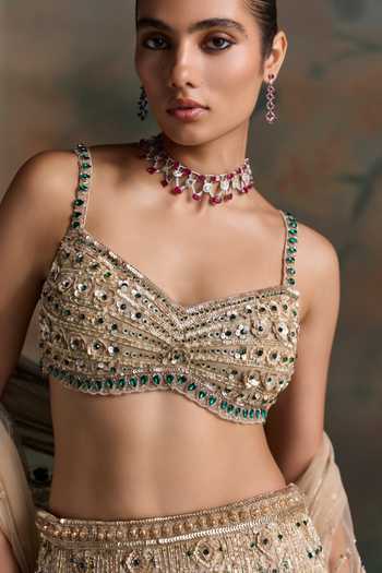 Buy Opus Atelier Gold Net, Lycra Sweetheart Neck Embroidered Lehenga Set Buy_Opus Atelier_Gold Net, Lycra Sweetheart Neck Embroidered Lehenga Set