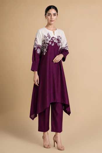 Origani Burgundy Chanderi Silk Split V-neck Colorblock Embroidered Kurta And Pant Set Online at Aza Fashions Origani_Burgundy Chanderi Silk Split V-neck Colorblock Embroidered Kurta And Pant Set _Online_at_Aza_Fashions