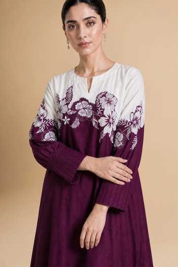 Shop Origani Burgundy Chanderi Silk Split V-neck Colorblock Embroidered Kurta And Pant Set Online at Aza Fashions Shop_Origani_Burgundy Chanderi Silk Split V-neck Colorblock Embroidered Kurta And Pant Set _Online_at_Aza_Fashions