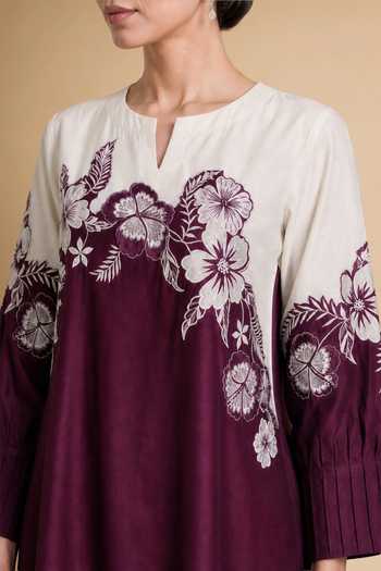 Shop Origani Burgundy Chanderi Silk Split V-neck Colorblock Embroidered Kurta And Pant Set Shop_Origani_Burgundy Chanderi Silk Split V-neck Colorblock Embroidered Kurta And Pant Set