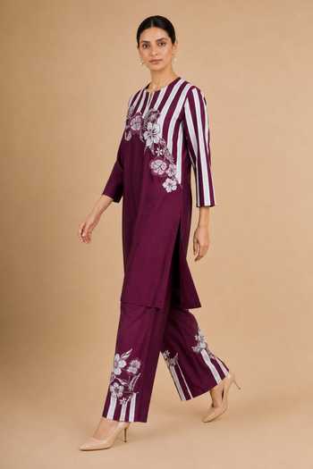 Origani Burgundy Chanderi Silk Round Neck Embroidered Straight Kurta And Pant Set Online at Aza Fashions Origani_Burgundy Chanderi Silk Round Neck Embroidered Straight Kurta And Pant Set _Online_at_Aza_Fashions