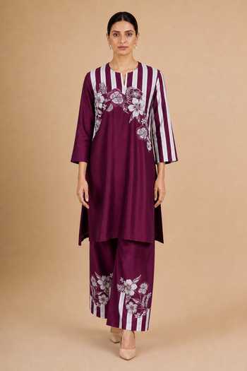 Shop Origani Burgundy Chanderi Silk Round Neck Embroidered Straight Kurta And Pant Set Online at Aza Fashions Shop_Origani_Burgundy Chanderi Silk Round Neck Embroidered Straight Kurta And Pant Set _Online_at_Aza_Fashions