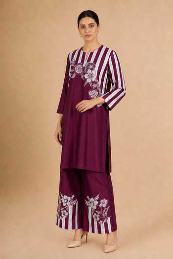 Origani Burgundy Chanderi Silk Round Neck Embroidered Straight Kurta And Pant Set at Aza Fashions Origani_Burgundy Chanderi Silk Round Neck Embroidered Straight Kurta And Pant Set _at_Aza_Fashions