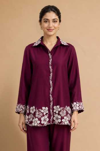 Origani Burgundy Chanderi Silk Collared Neck Shirt And Pant Set Online at Aza Fashions Origani_Burgundy Chanderi Silk Collared Neck Shirt And Pant Set _Online_at_Aza_Fashions