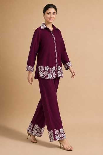 Buy Origani Burgundy Chanderi Silk Collared Neck Shirt And Pant Set Online at Aza Fashions Buy_Origani_Burgundy Chanderi Silk Collared Neck Shirt And Pant Set _Online_at_Aza_Fashions
