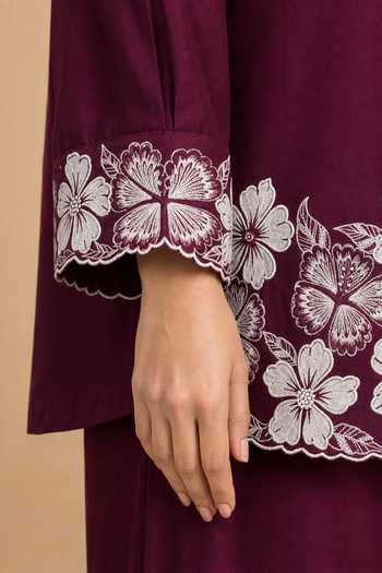 Origani Burgundy Chanderi Silk Collared Neck Shirt And Pant Set at Aza Fashions Origani_Burgundy Chanderi Silk Collared Neck Shirt And Pant Set _at_Aza_Fashions