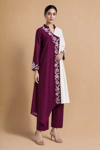 Origani White Chanderi Silk Mandarin Collar, V-neck, Yes Applique Kurta And Pant Set Online at Aza Fashions Origani_White Chanderi Silk Mandarin Collar, V-neck, Yes Applique Kurta And Pant Set _Online_at_Aza_Fashions