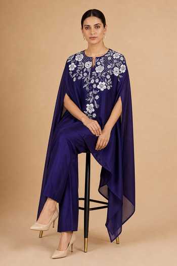 Buy Origani Purple Chanderi Silk Round Neck Applique Work Kaftan And Pant Set Online at Aza Fashions Buy_Origani_Purple Chanderi Silk Round Neck Applique Work Kaftan And Pant Set _Online_at_Aza_Fashions